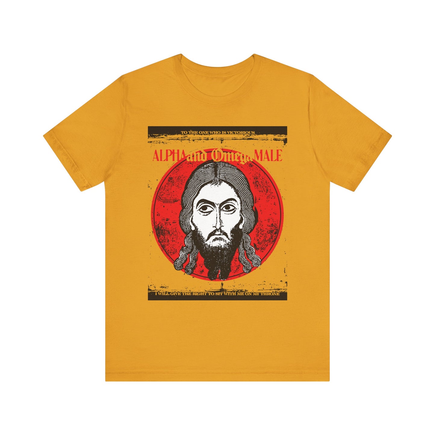 Mustard tee featuring the Image of Edessa face before a red circle, Alpha & Omega text, and "To the One Who Is Victorious" inspired by Revelation. Orthodox lightweight cotton unisex fit.