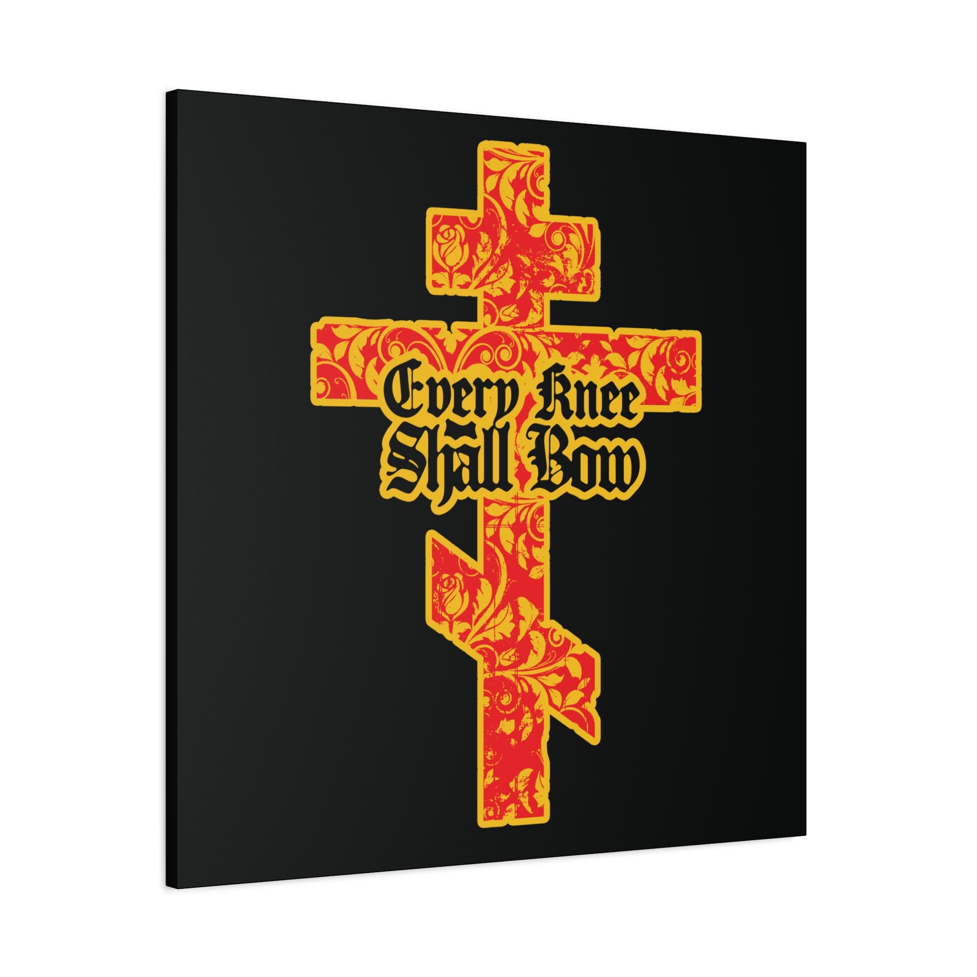 A gold and red floral Orthodox cross with "Every Knee Shall Bow" gothic lettering, inspired by Isaiah 45:22-24 & Phil 2:7-11, on a black background—Christian wall art.
