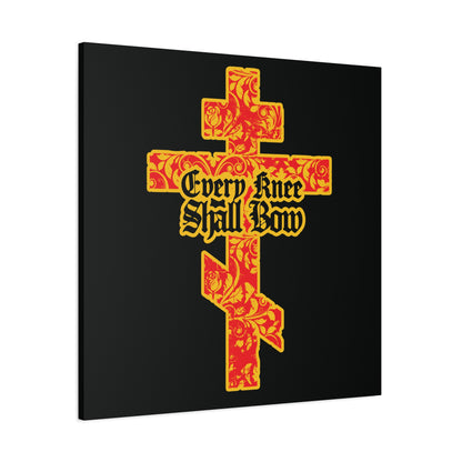 A gold and red floral Orthodox cross with "Every Knee Shall Bow" gothic lettering, inspired by Isaiah 45:22-24 & Phil 2:7-11, on a black background—Christian wall art.