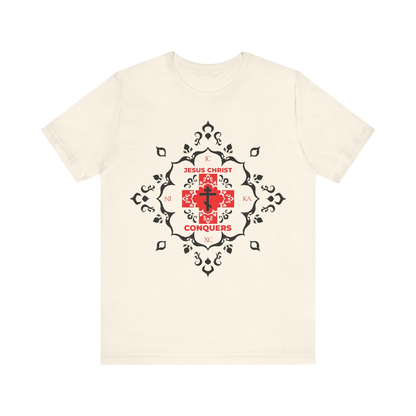 Natural cotton t-shirt featuring a white Orthodox cross with medieval filigree and "ICXC NIKA Means Jesus Christ Conquers" in red modern font—a bold Christian statement of faith and victory over sin.