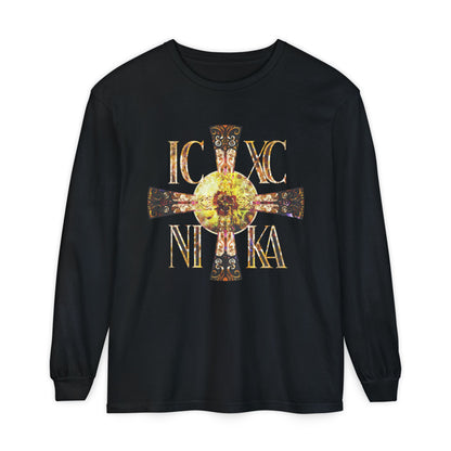 ICXC NIKA Celtic Style Equal Armed Cross | Bright Solar Texture | Orthodox Christian Long Sleeve Shirt