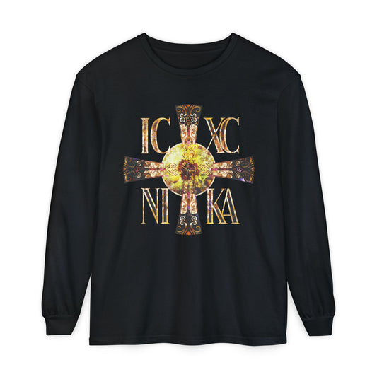 ICXC NIKA Celtic Style Equal Armed Cross | Bright Solar Texture | Orthodox Christian Long Sleeve Shirt