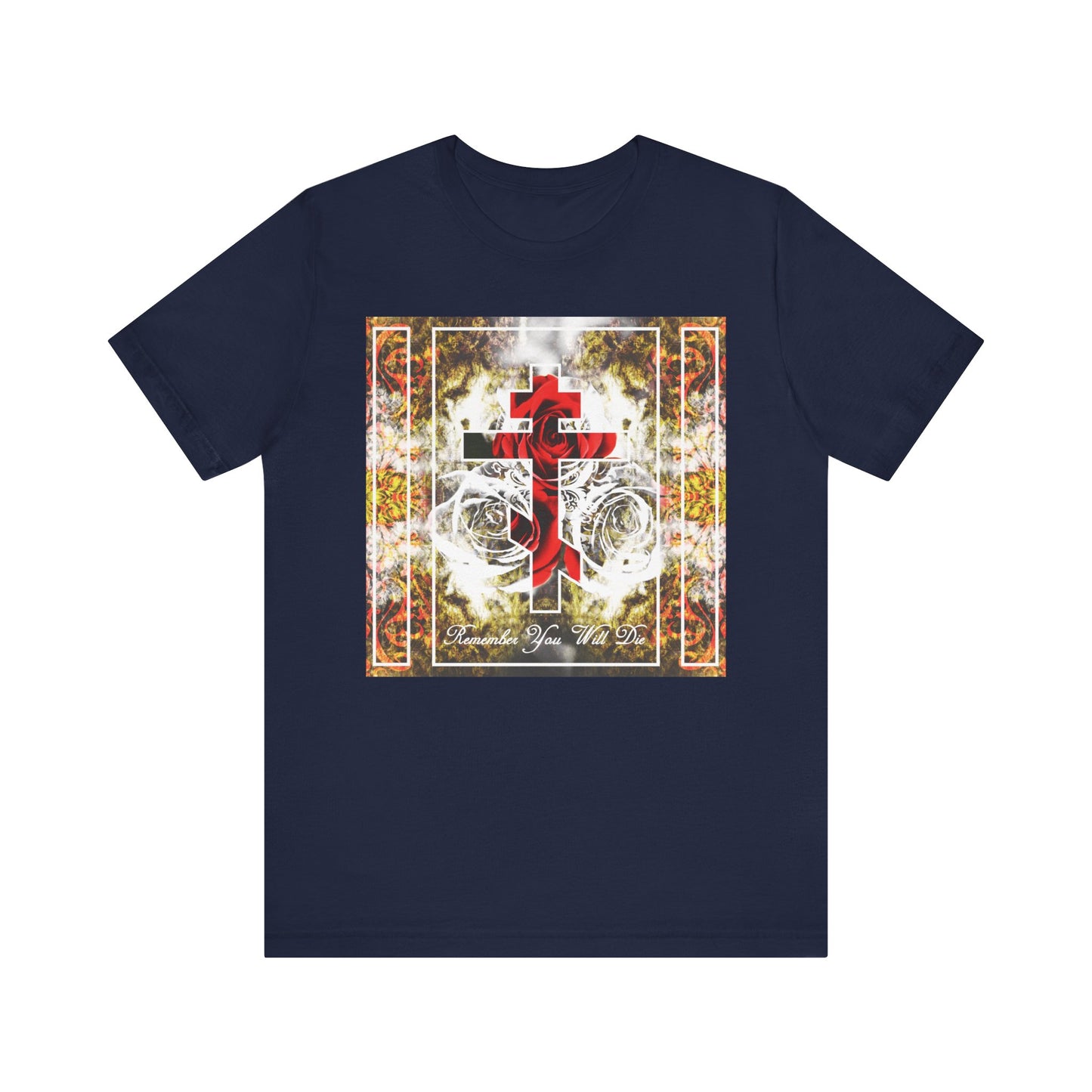 Navy "Remember You Will Die" classic unisex tee, featuring an elegant Orthodox cross with roses and floral textures in a colorful square design—lightweight cotton for everyday Christian comfort.