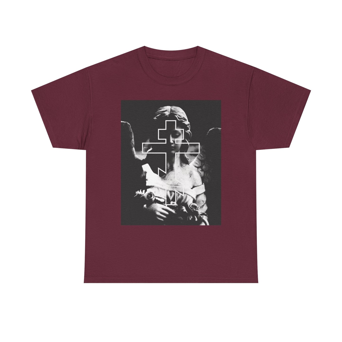 Maroon “Cemetery Angel Orthodox Cross” tee in midweight cotton, featuring a grayscale goth aesthetic and Memento Mori theme—perfect for expressing your faith with bold style.