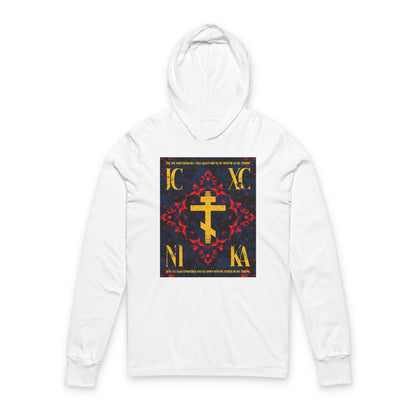 IC XC NIKA Orthodox Cross | Medieval Floral Design | The One Who Conquers (Revelation 3:21) | Orthodox Long Sleeve Hooded Shirt