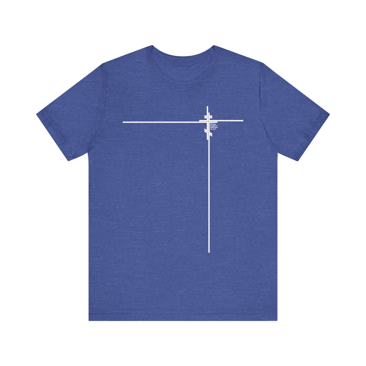 Heather True Royal t-shirt featuring a minimalist white Orthodox cross near the upper left chest—an understated detail inspired by Luke 1:32-33 and the enduring message of Christ’s kingdom, from the "Whose Kingdom Shall Have No End" collection.