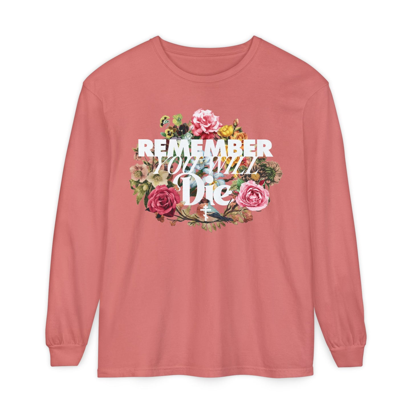 Watermelon cotton long-sleeve shirt featuring “Remember You Will Die” in classic typography with a cross and floral wreath, inspired by Orthodox memento mori tradition.