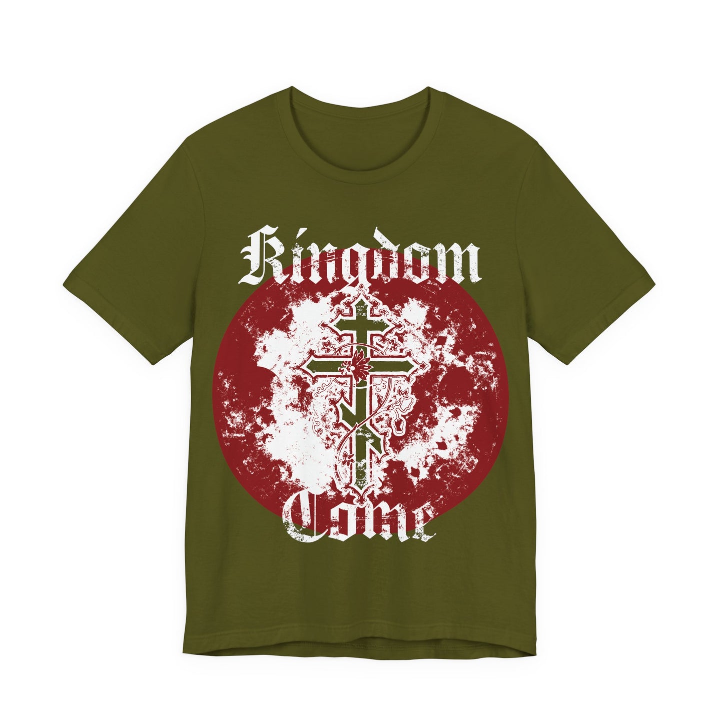 Olive Kingdom Come Unisex Cotton T-Shirt featuring Lord’s Prayer-inspired gothic text and an Orthodox Cross with vine, designed for Orthodox Christians.