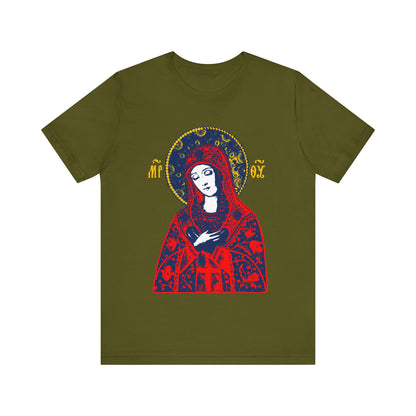 Olive t-shirt featuring a bright red, traditional Orthodox "Joy of All Joys Tenderness Theotokos" iconographic design, inspired by classic iconography.