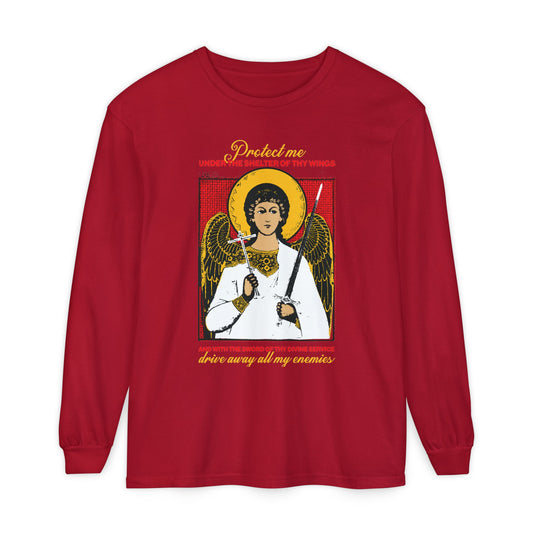 Red long sleeve features the Holy Guardian Angel holding sword & cross icono-graphic, with a protection prayer: "Drive Away My Enemies," symbolizing Christian faith and divine safeguarding.