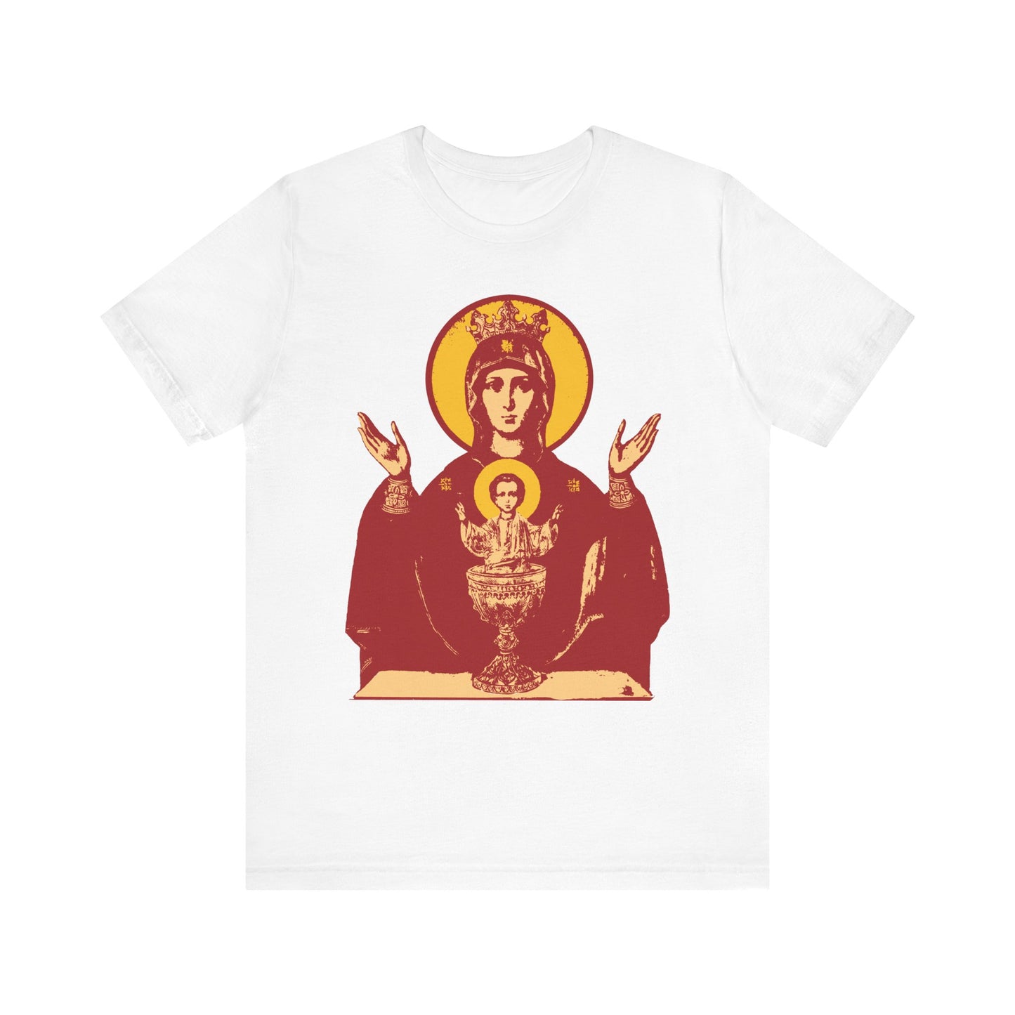 White unisex cotton t-shirt featuring the Holy Theotokos IconoGraphic of the Inexhaustible Chalice—Deliverer from Addictions and Conqueror of Passions—inspired by the revered icon.