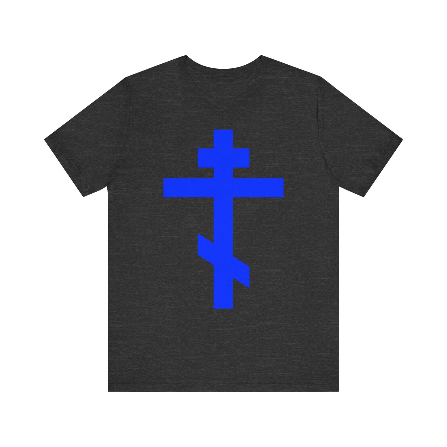 Dark Grey Heather unisex cotton tee featuring a large royal blue Orthodox Tribar Cross graphic on the front, representing salvation and faith in the Lord, with the inscription "Preserve Thy People By Thy Cross, O Lord" and "Christ is King.