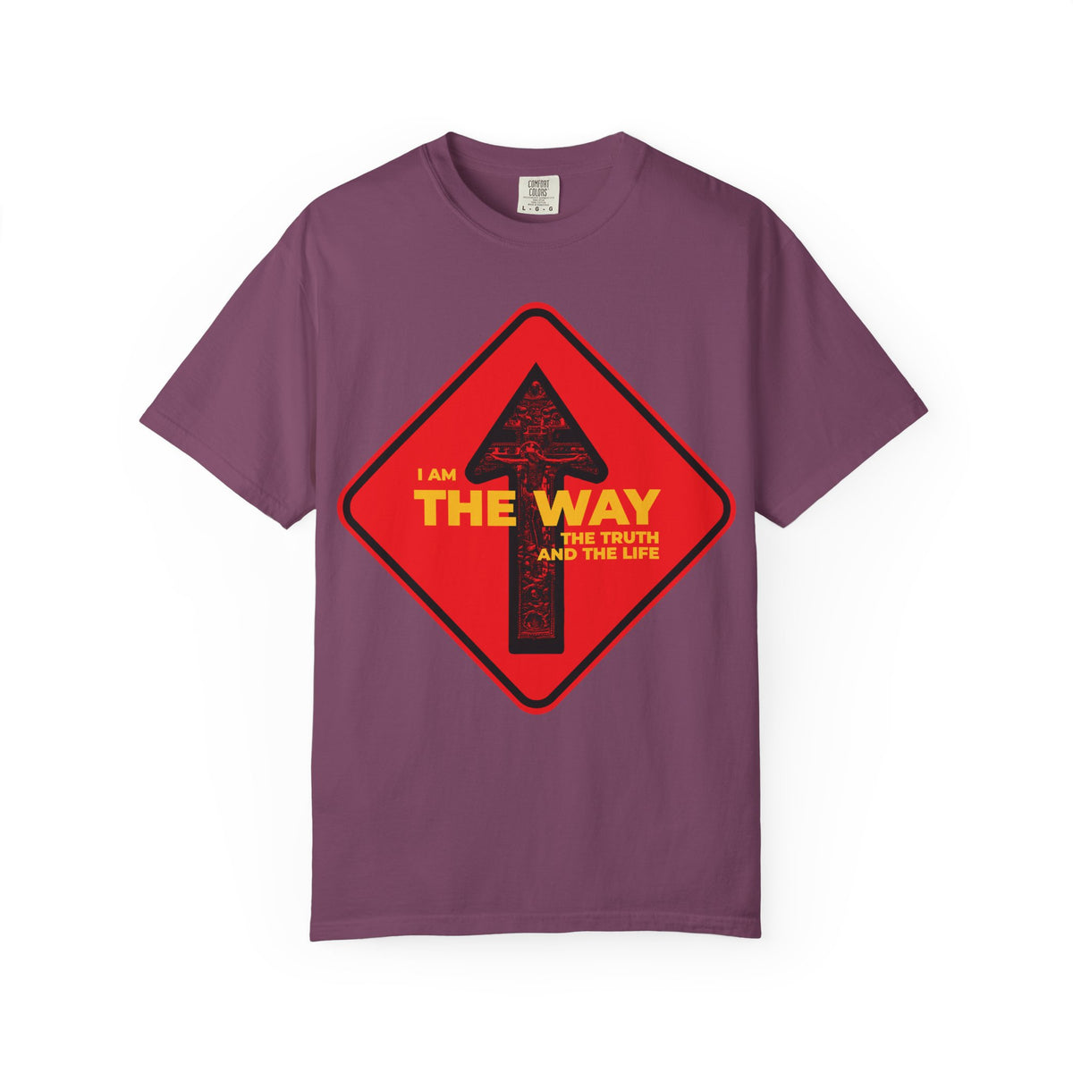 Berry unisex heavyweight cotton tee featuring a bold red one-way street sign with crucifix design and yellow text that reads “I am THE WAY THE TRUTH AND THE LIFE” with an arrow, inspired by John 14:6 and Orthodox Christian faith. Product name: Am the Way, the Truth and the Life | Street Sign One Way Arrow Crucifix Design.