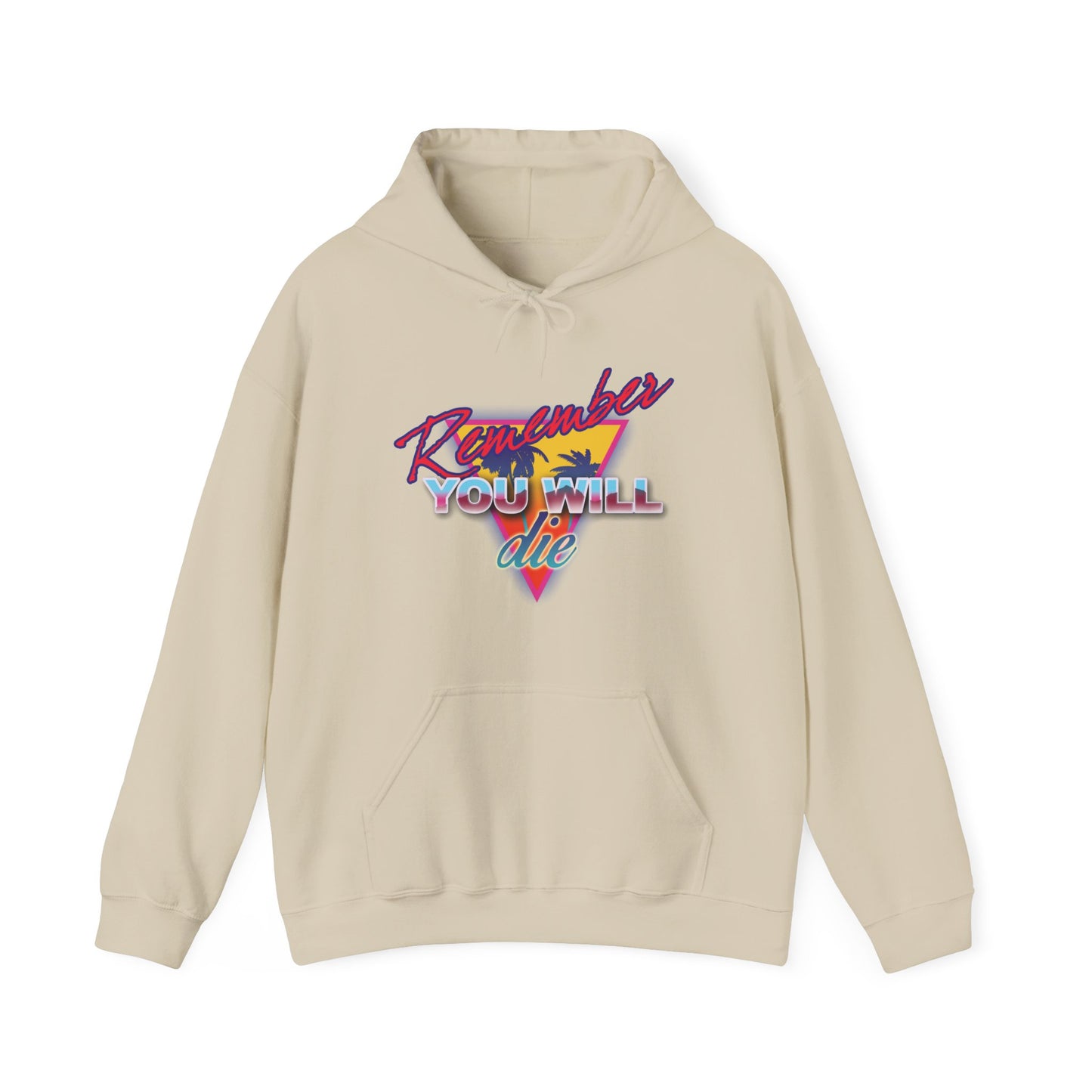 Sand-colored hoodie featuring vibrant "Remember YOU WILL die" text in 80s retro synthwave style with a palm tree, inspired by the Ladder of Divine Ascent and St. John Climacus—nostalgic Orthodox Christian design.