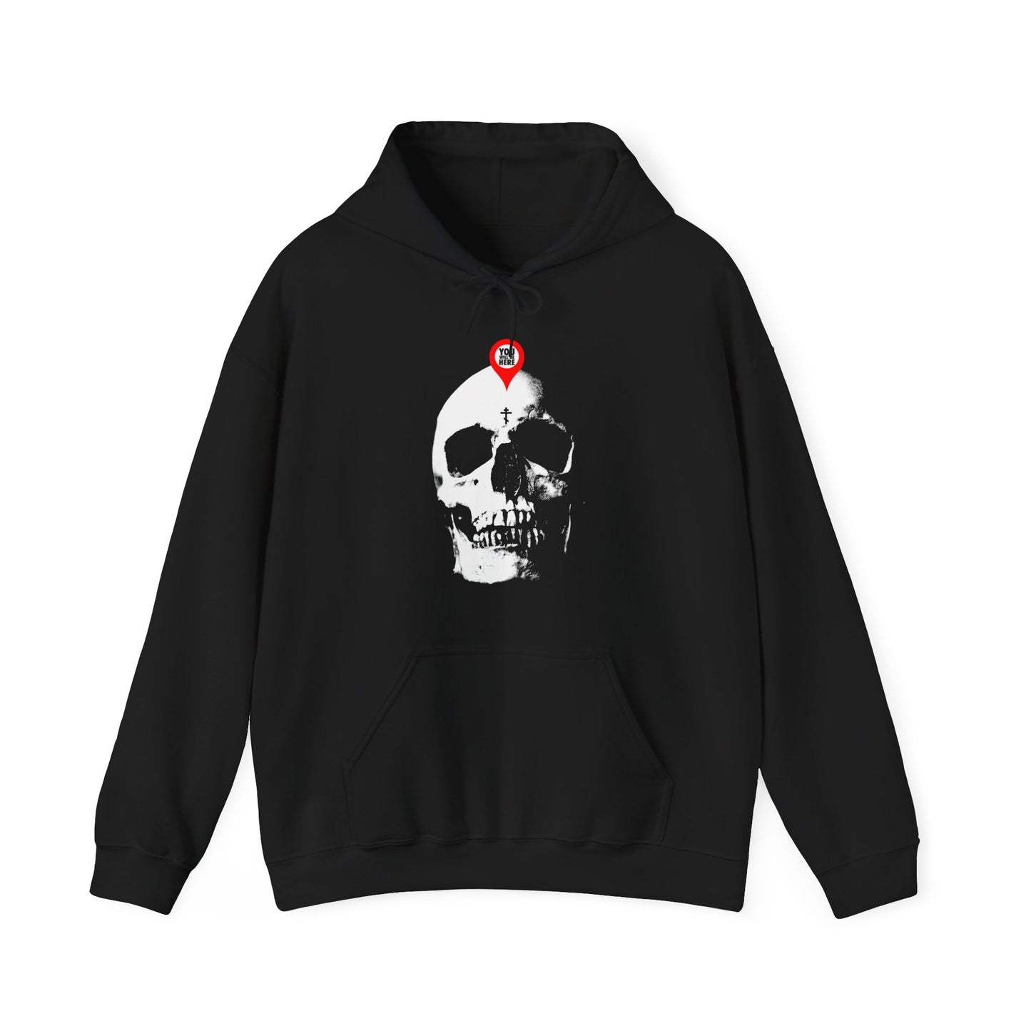 Black hoodie with a large white "You Will Be Here Maps Marker on Skull" graphic and a small red pin above the skull’s forehead. Features Memento Mori, Orthodox Christian themes: "What You Are I Once Was, Remember You Will Die.