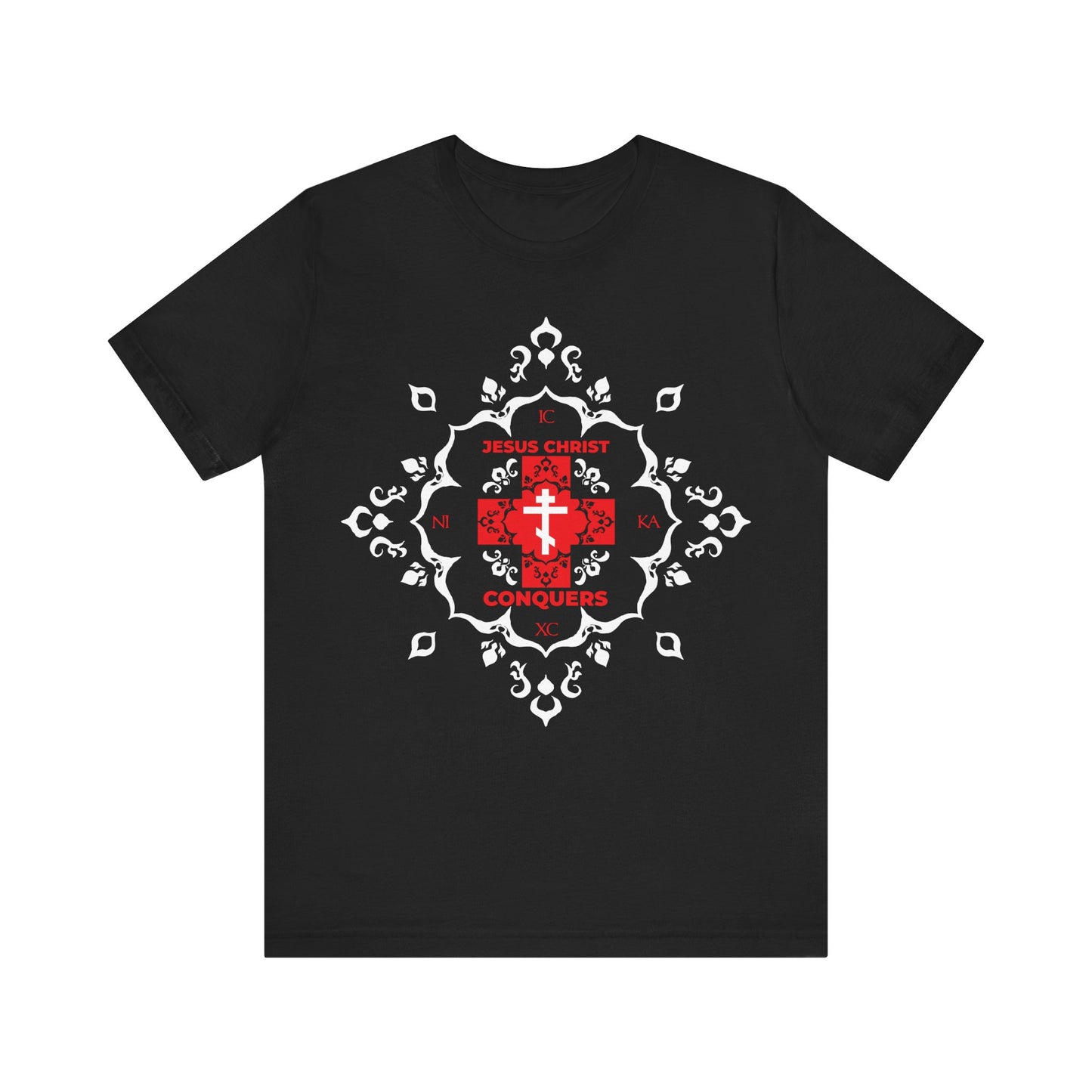 Black cotton t-shirt with a white Orthodox cross and red modern "ICXC NIKA" font, featuring medieval filigree—"Jesus Christ Conquers" in Greek—reflecting victory over sin. Inspired by St John Chrysostom.
