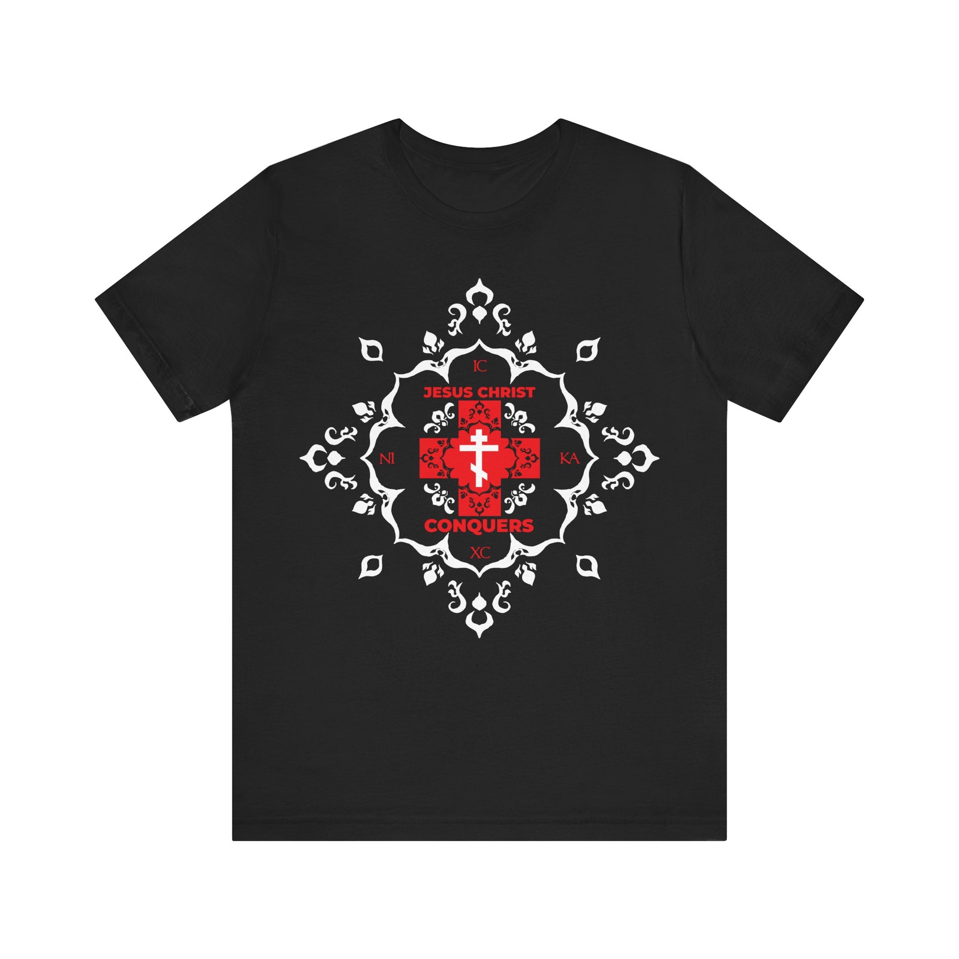 Black cotton t-shirt with a white Orthodox cross and red modern "ICXC NIKA" font, featuring medieval filigree—"Jesus Christ Conquers" in Greek—reflecting victory over sin. Inspired by St John Chrysostom.