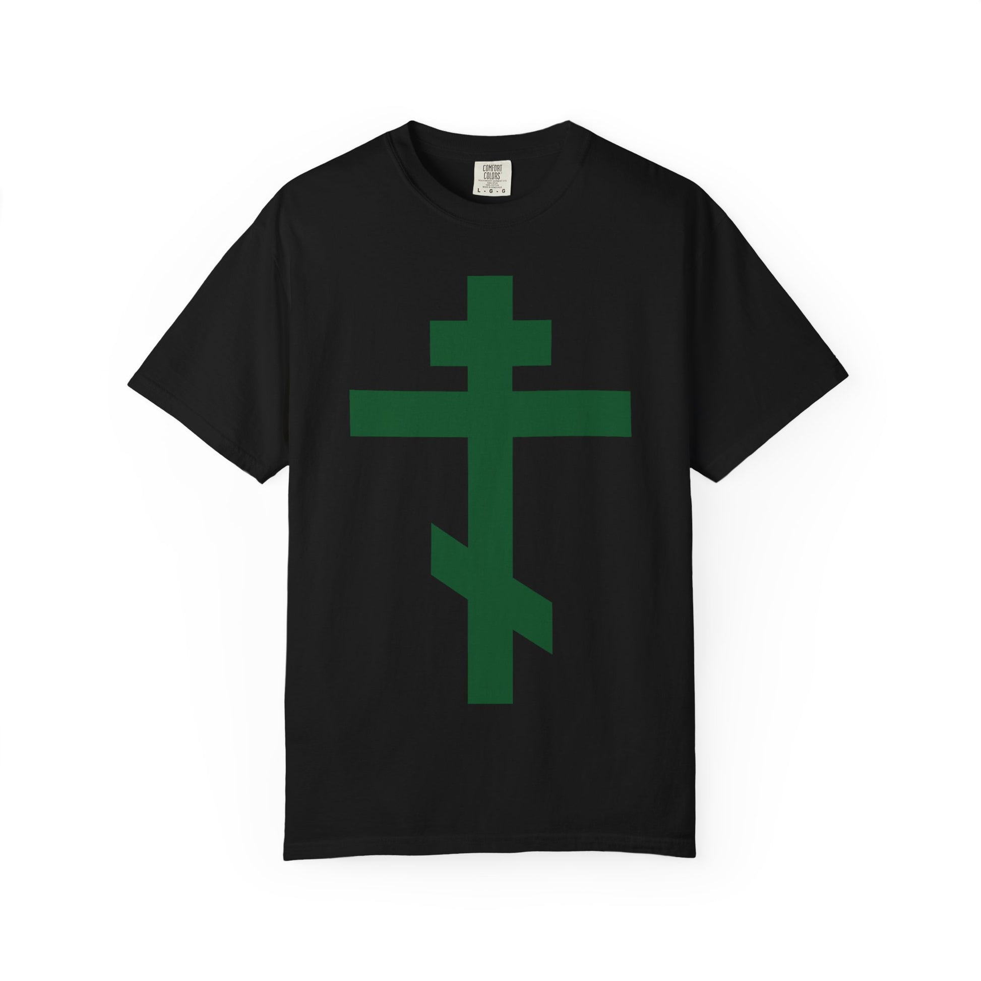 Black heavyweight cotton unisex tee featuring a large forest green Orthodox tribar cross graphic on the front, inspired by the Troparion of the Cross and honoring St. John of Kronstadt. The design reads “Preserve Thy People By Thy Cross, O Lord | Christ is King.”.
