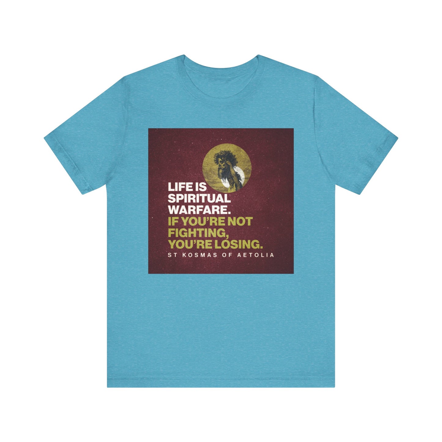 Heather aqua "Life is Spiritual Warfare. If You're Not Fighting, You're Losing" Orthodox Christian unisex tee featuring a David Slaying Goliath design—a powerful reminder inspired by St. Kosmas of Aetolia’s words, made from lightweight cotton.