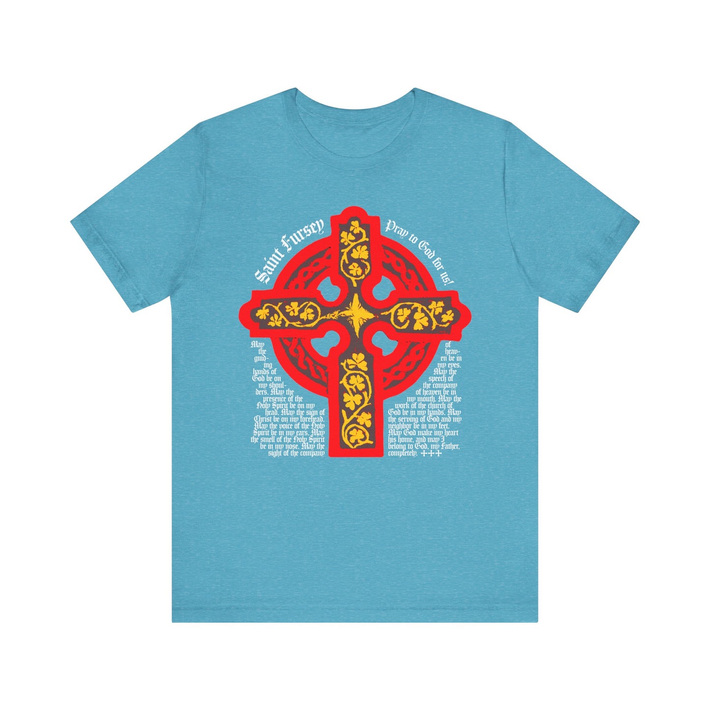 Heather Aqua unisex tee featuring a red and yellow Celtic cross with text inspired by St Fursey's Lorica Shield Prayer encircling the design. Lightweight cotton; Irish Orthodox Western Rite Christian style.