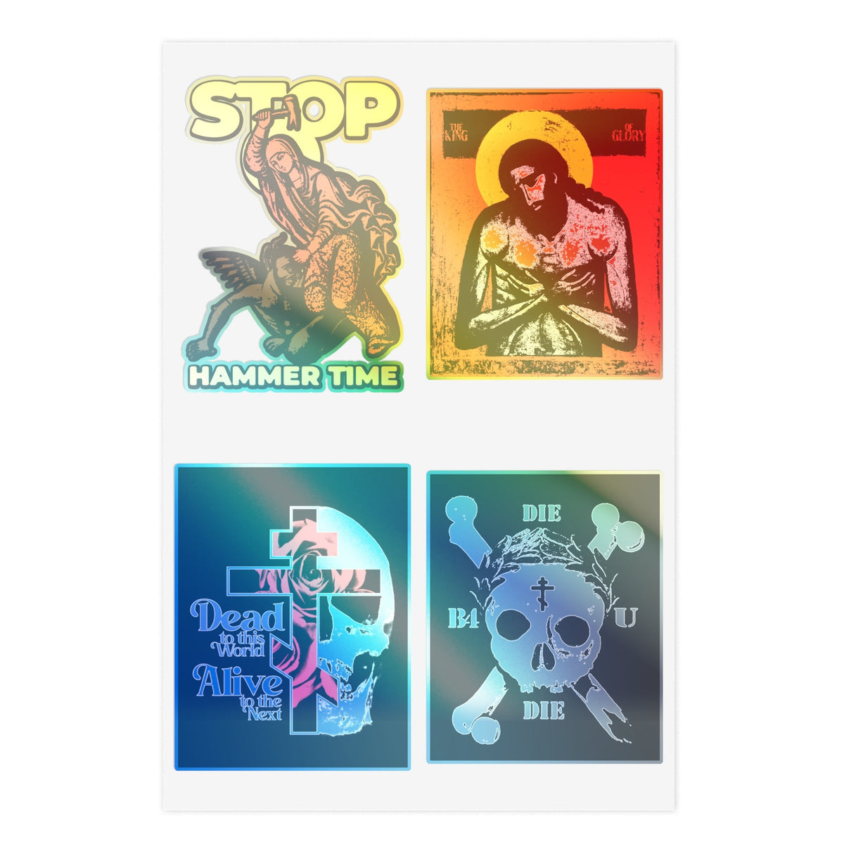 Random Mix No. 1 Four Sticker Sheet: Jesus Christ, Dead to This World, St Marina & Due Before You Die Orthodox Stickers.