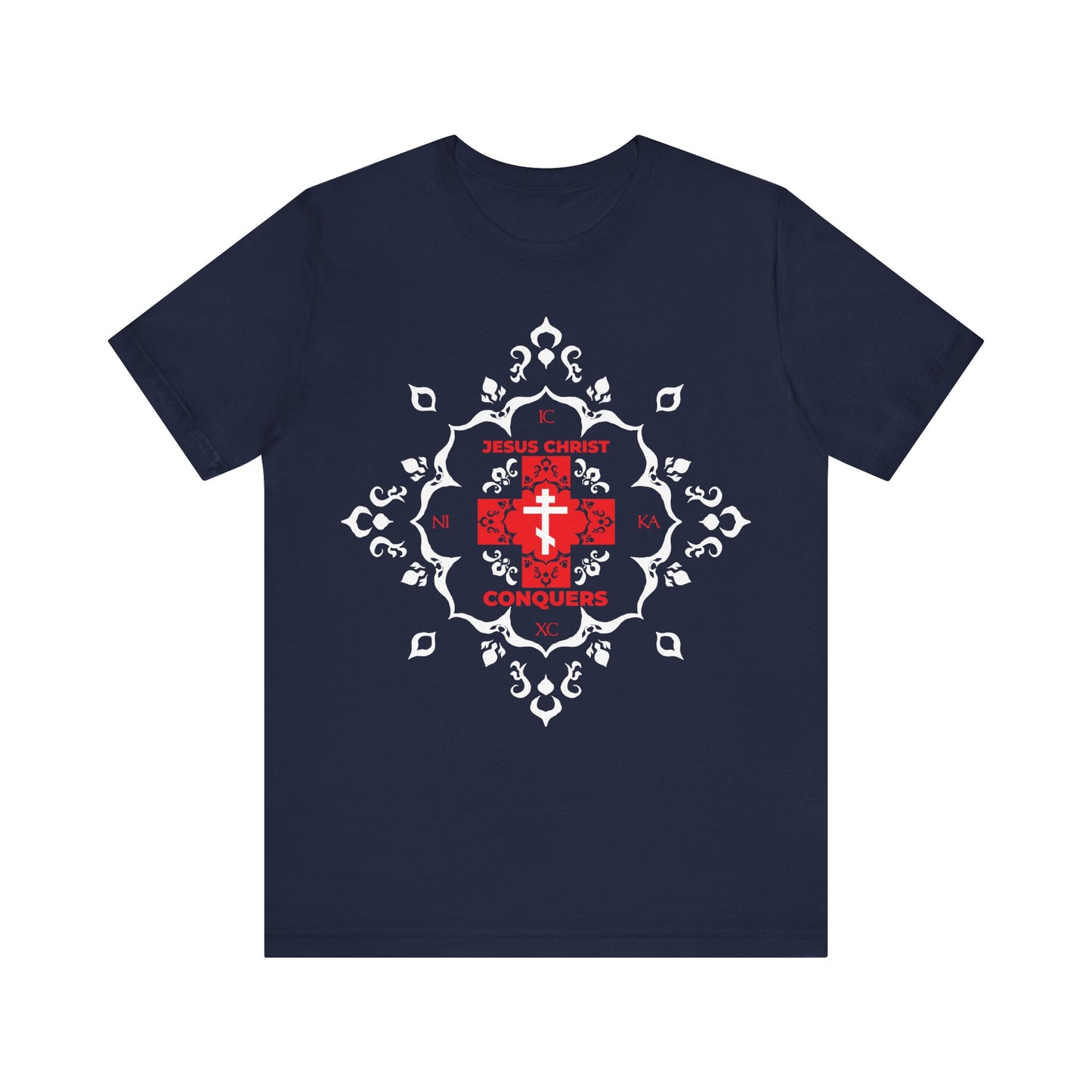 Navy ICXC NIKA t-shirt featuring a white Orthodox cross with red modern font and medieval filigree—a Christian cotton tee proclaiming “Jesus Christ Conquers.”.