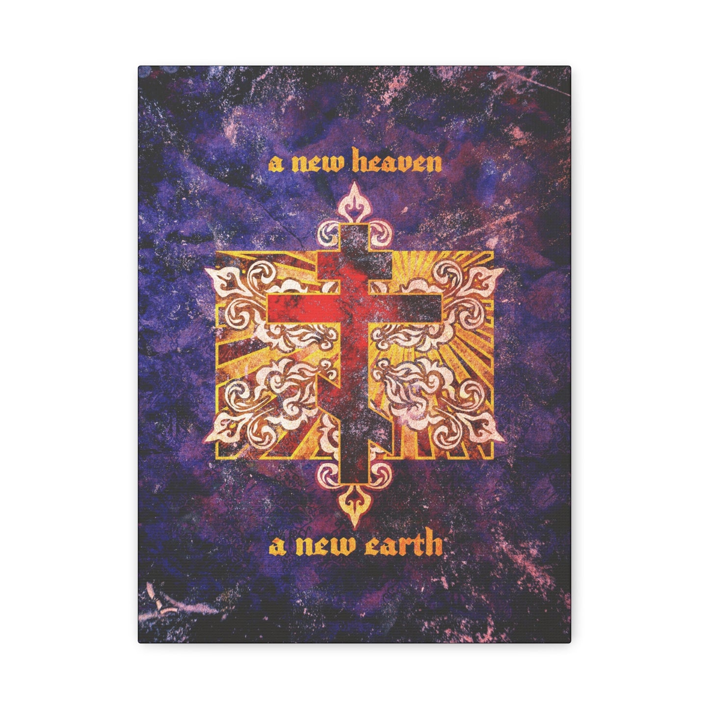 A New Heaven/A New Earth | Red Orthodox Cross on Textured Ornate Background | Christian Canvas Art