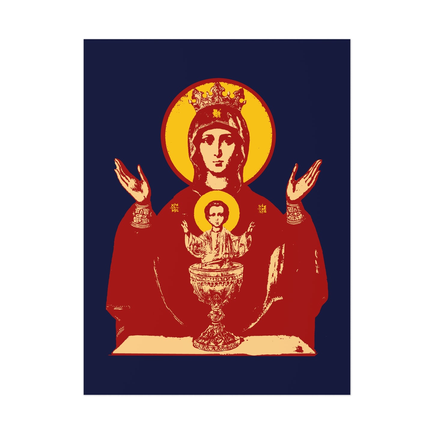 Holy Theotokos IconoGraphic of the Inexhaustible Chalice poster—Orthodox Christian art depicting the crowned Theotokos and Christ in a chalice, source of deliverance from addictions and passions, set against a dark background.