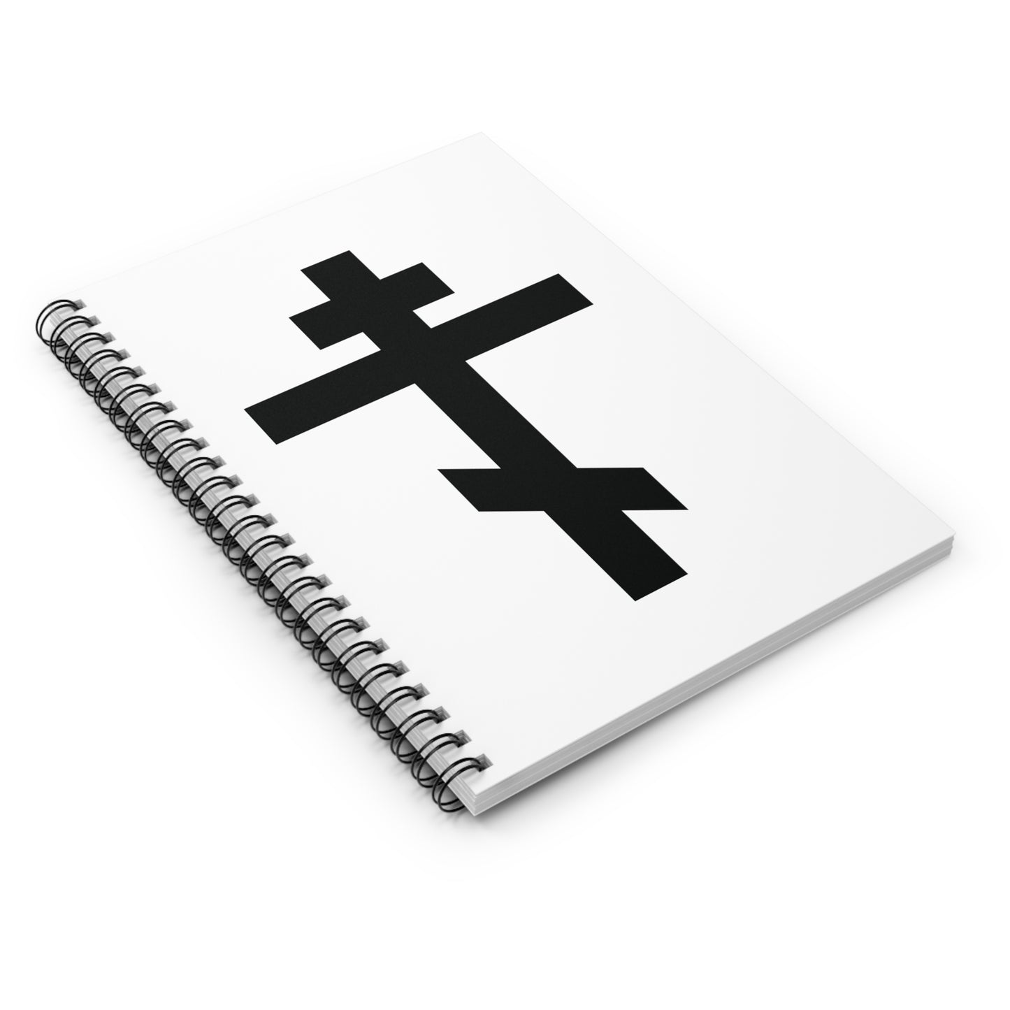 The Black Orthodox Cross Spiral Notebook—featuring Gal 6:14: "May I never boast, except in the cross of our Lord Jesus Christ"—is perfect for recording reflections or taking notes.