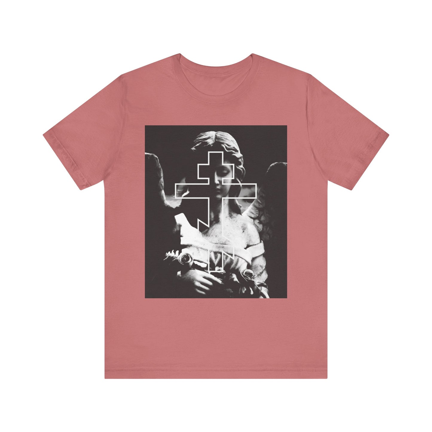 Mauve Cemetery Angel Orthodox Cross tee in lightweight cotton, featuring a grayscale goth aesthetic with an angel graphic and cross, symbolizing memento mori and faith. Unisex fit.