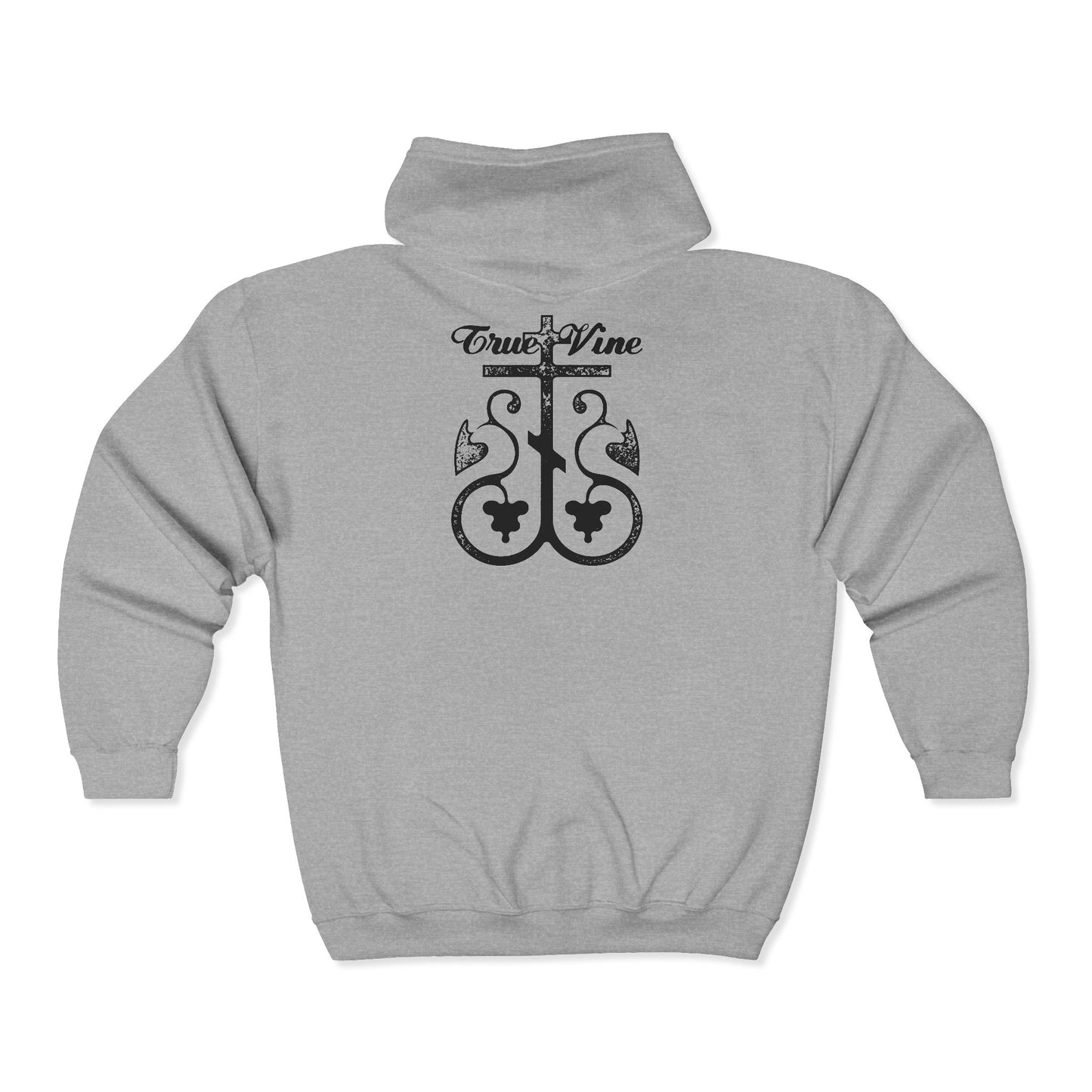 I Am the True Vine BACK (John 15, Ezekiel 15) | Orthodox Cross with Grape Vine | Photocopy Effect | Orthodox Zipper Hoodie