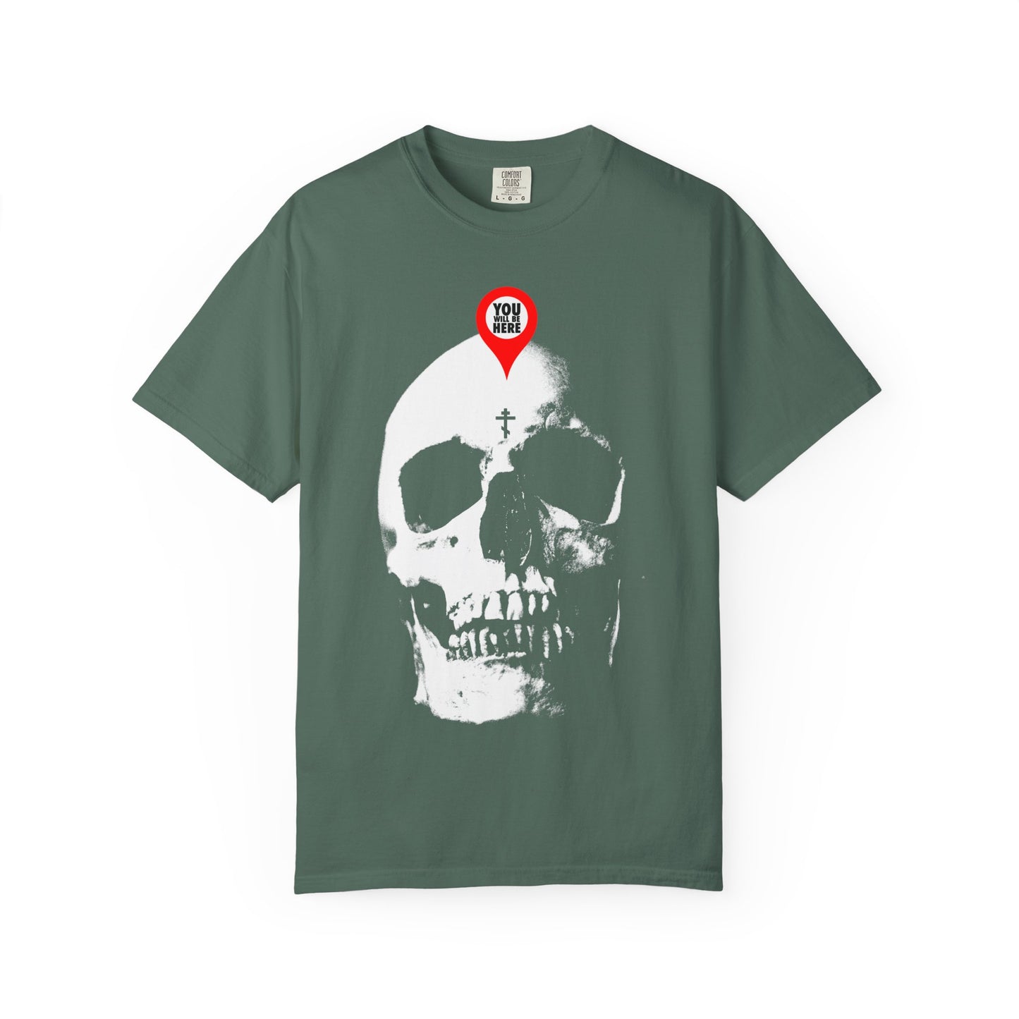 Blue Spruce heavyweight cotton unisex tee featuring a skull with a red map marker on the forehead—You Will Be Here design inspired by Orthodox memento mori teachings: What You Are I Once Was.
