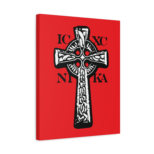 Illustration of the ICXC NIKA Celtic Knotwork Cross, featuring black and white knotwork on a vivid red background, symbolizing "Jesus Christ Conquers" in traditional Orthodox Christian wall art.