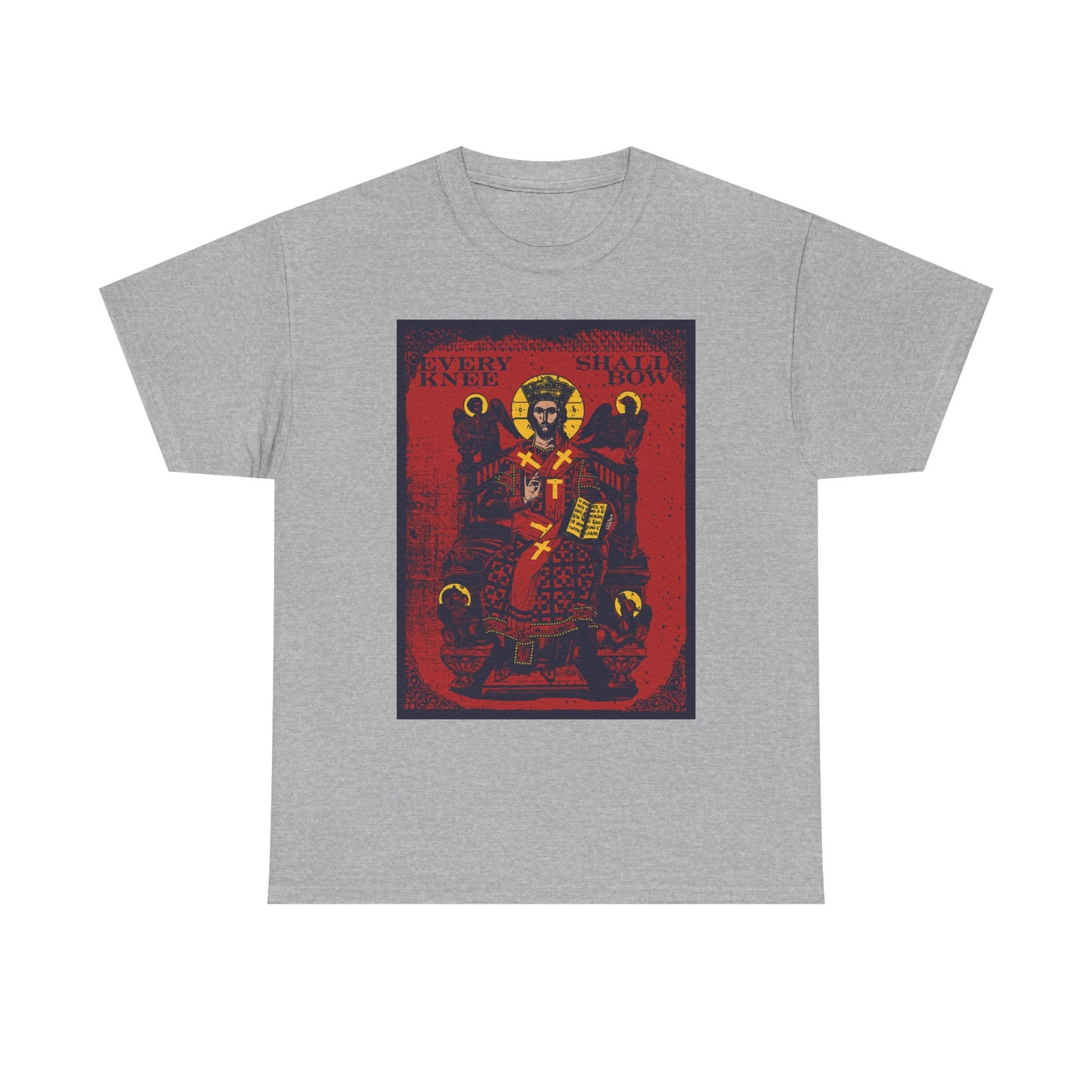Sport Grey heavy cotton t-shirt featuring a Christ Enthroned IconoGraphic inspired by Ezekiel’s Chariot, with "Every Knee Shall Bow" from Phil 2:8-11 & Isaiah 45:23.