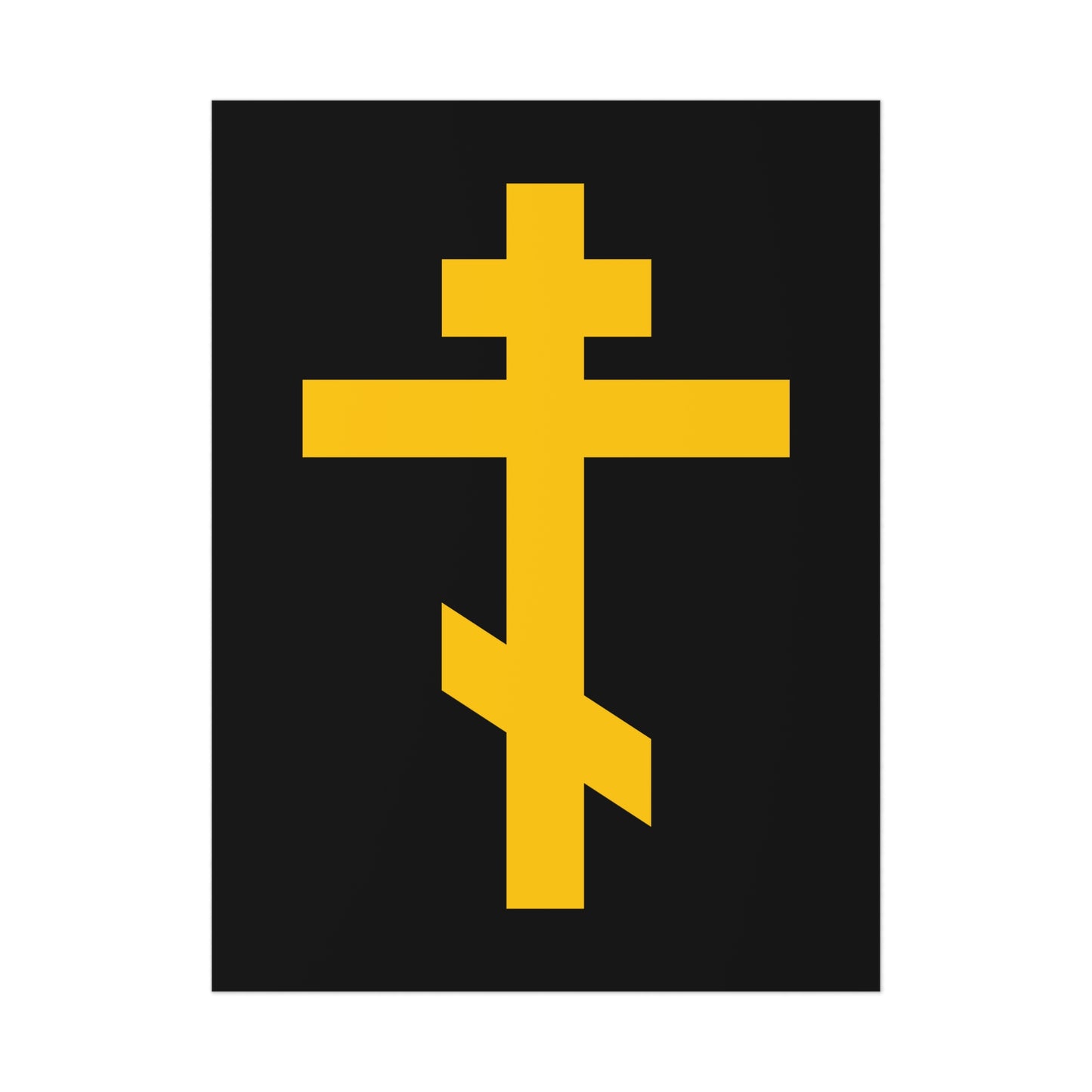 Yellow Orthodox Cross on a black background art poster, symbolizing the precious and life-giving weapon of unseen warfare and scourge of demons—Orthodox art inspired by Galatians 2:20.