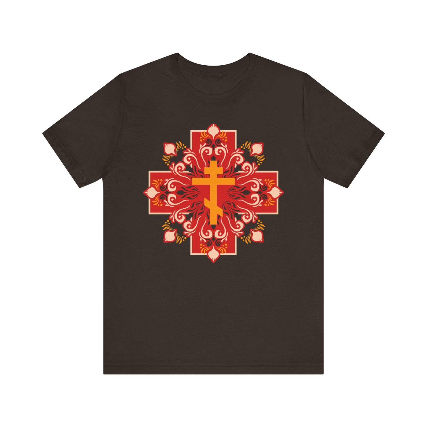 Brown tee featuring a vibrant orange and red Orthodox cross with a festive floral design, inspired by 1 Peter 2:24—"By His Wounds You Have Been Healed." Lightweight unisex cotton.