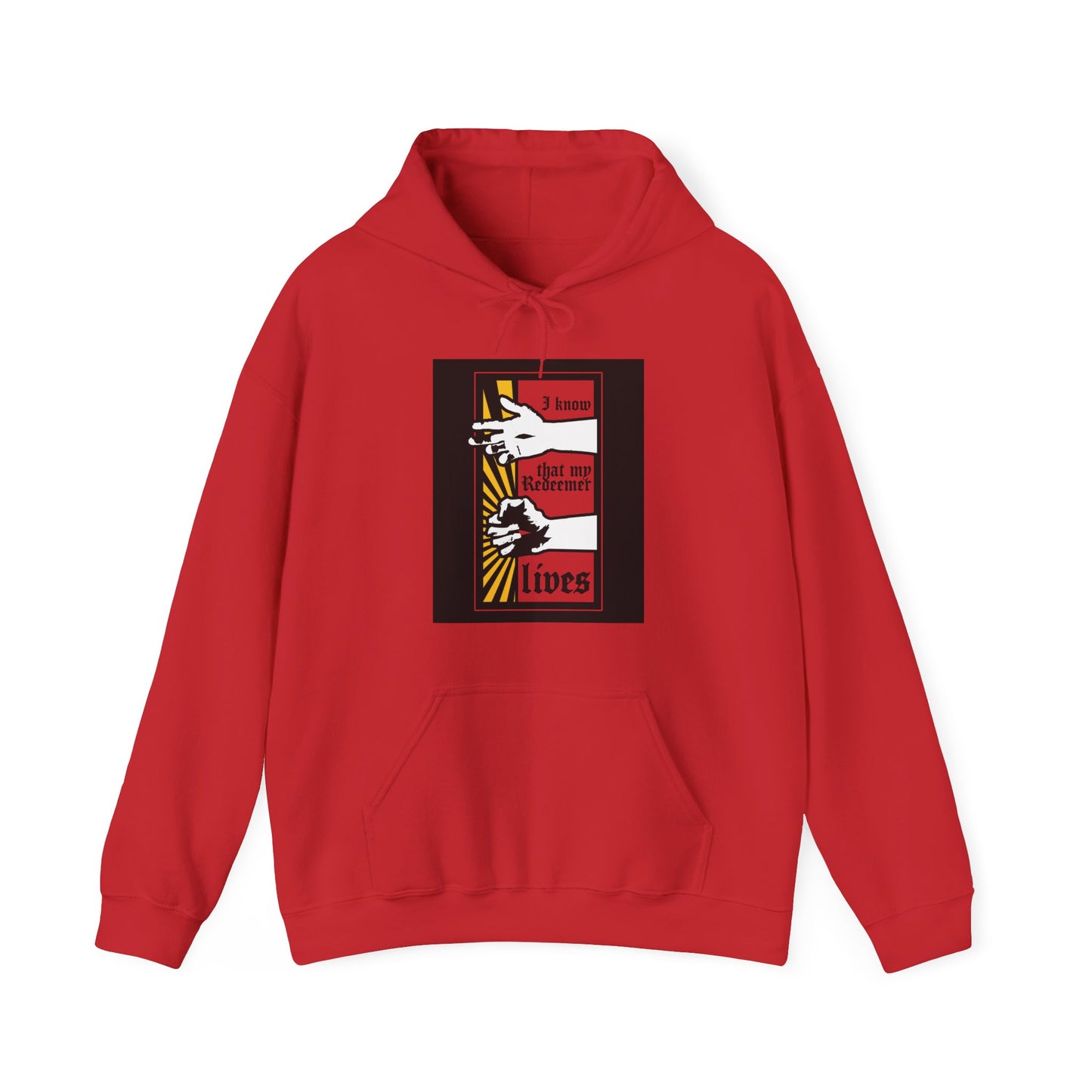 Red "I Know That My Redeemer Lives" Orthodox Christian hoodie featuring a comic book style design of resurrected Jesus' fist with divine power, inspired by Job 19:25.