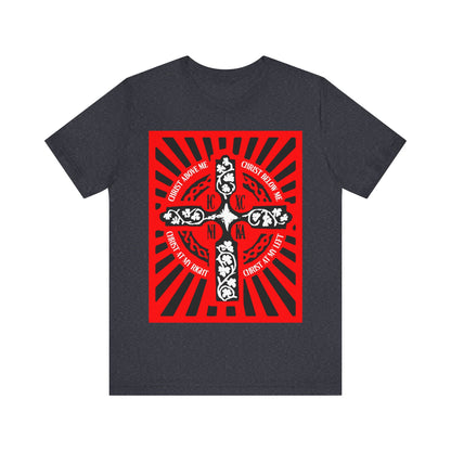 Red ICXC NIKA Enniskillen Celtic Cross | Lorica of St. Patrick | Shield Prayer | Orthodox Christian Cotton T-Shirt