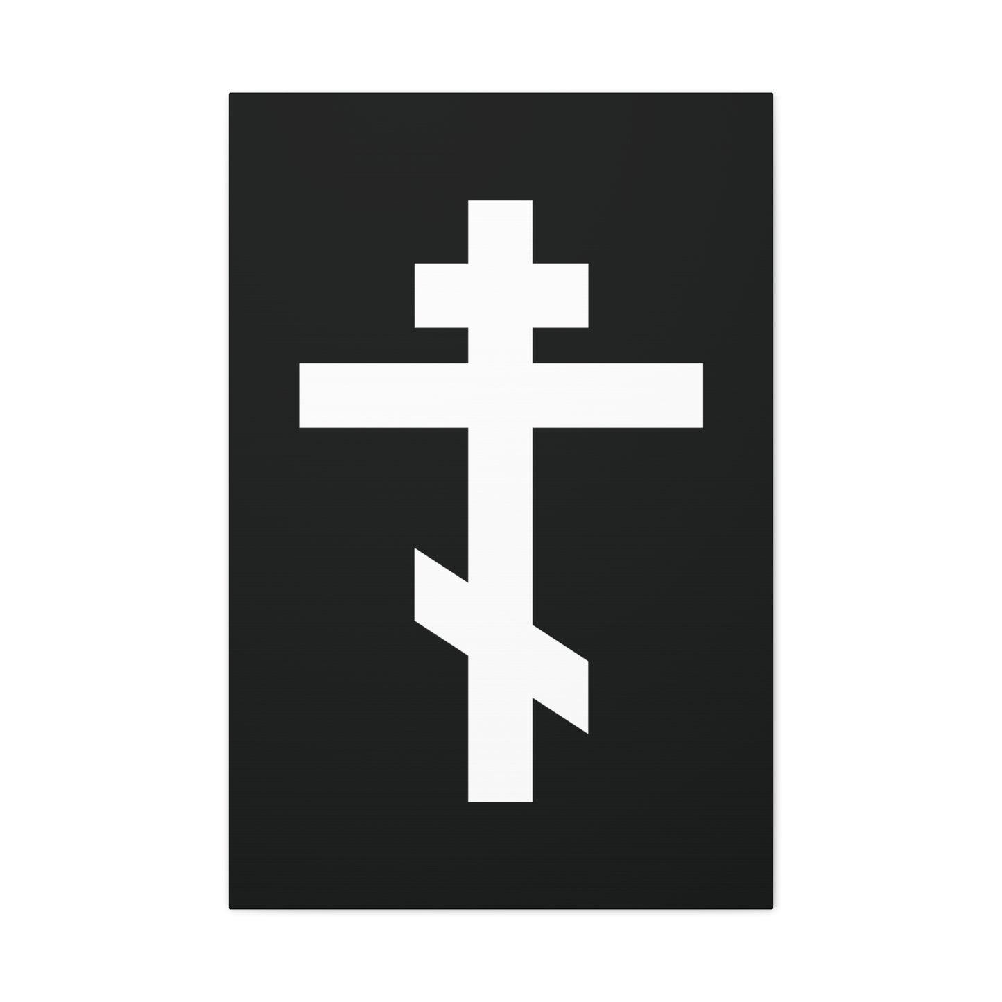 The "White Orthodox Cross" Orthodox Canvas Art features a white three-bar cross symbolizing Christ on a black background, with the quote: "May I never boast, except in the cross of our Lord Jesus Christ" (Gal 6:14).