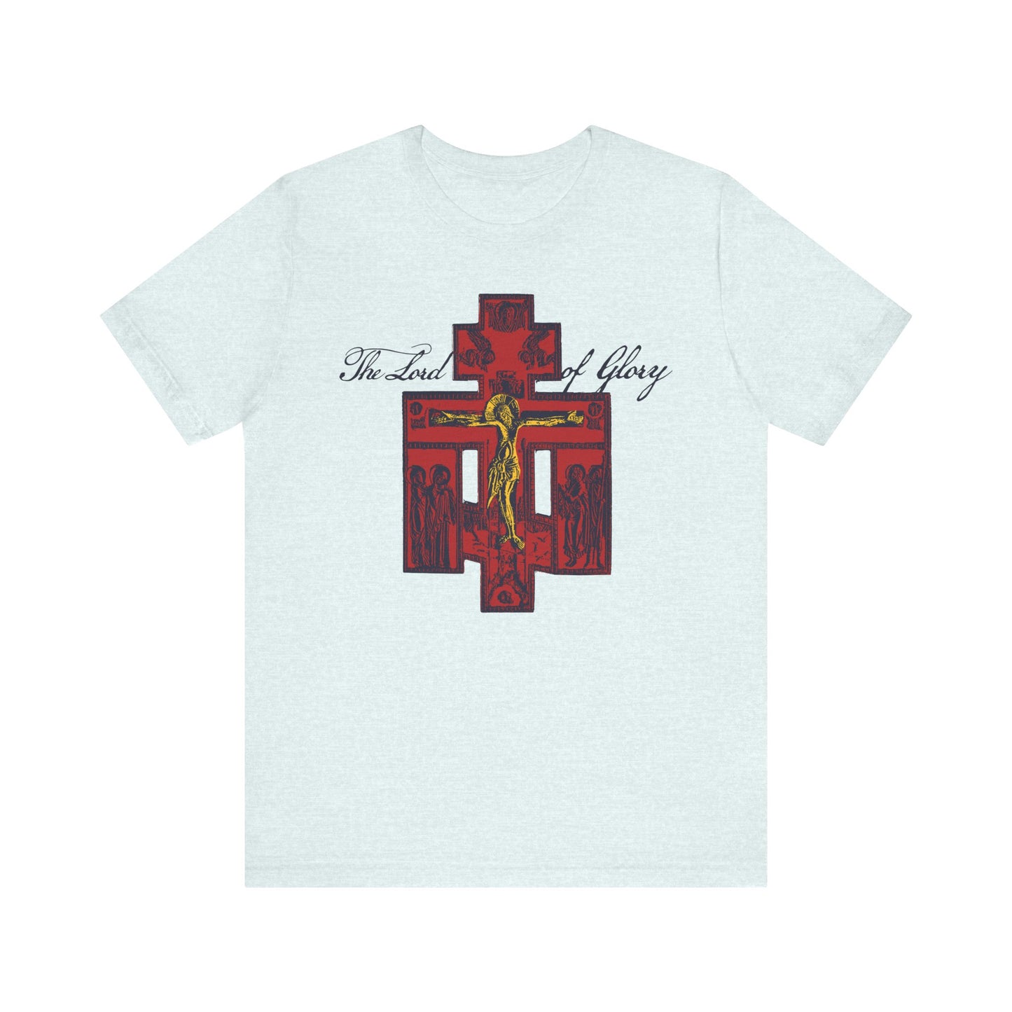Heather Ice Blue lightweight cotton tee featuring a Russian Golgotha Crucifix iconographic design, with a gold Christ on a red cross surrounded by figures, and text reading “The Lord of Glory”—a reference to 1 Corinthians 2:8.