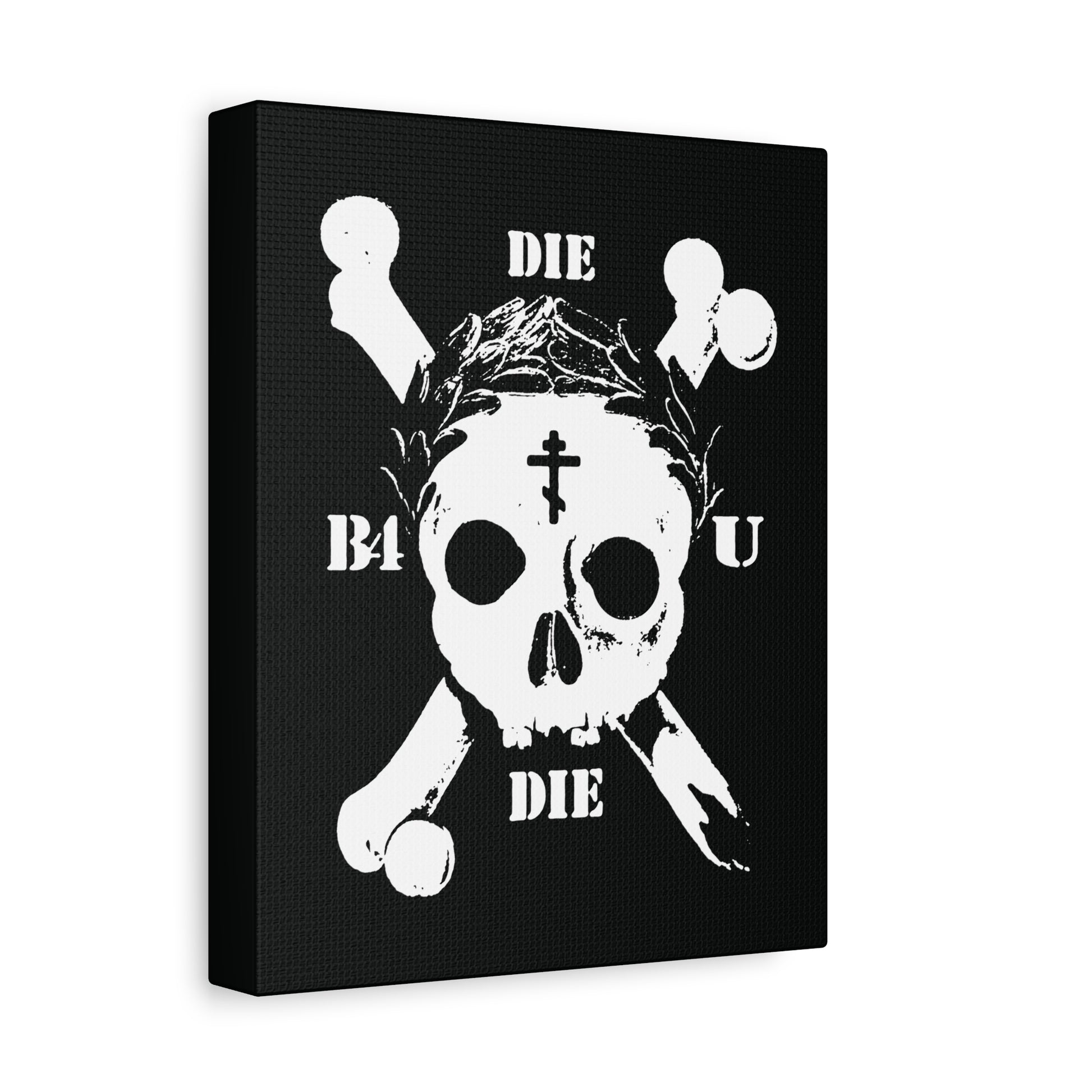 The "Die Before You Die" wall art features a retro skull & crossbones, Orthodox cross, and laurel wreath on black—an ascetic Christian design inspired by memento mori and Matthew 16:24-25’s call to deny oneself.