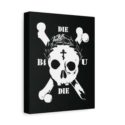 The "Die Before You Die" wall art features a retro skull & crossbones, Orthodox cross, and laurel wreath on black—an ascetic Christian design inspired by memento mori and Matthew 16:24-25’s call to deny oneself.