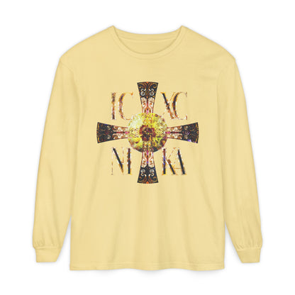 ICXC NIKA Celtic Style Equal Armed Cross | Bright Solar Texture | Orthodox Christian Long Sleeve Shirt