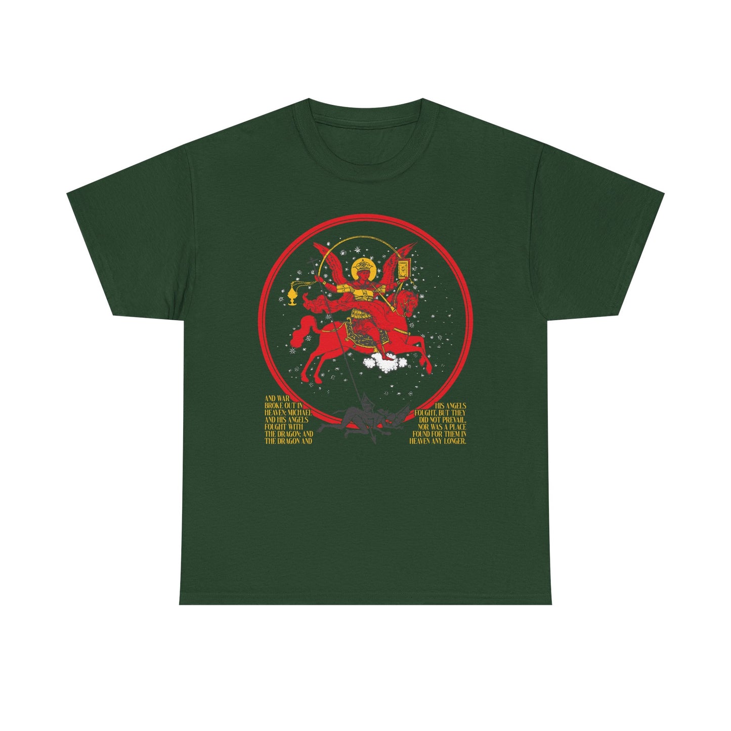 Forest green “Archangel Michael of the Apocalypse Iconographic” midweight cotton unisex tee, featuring a Revelation 12:7-9 inspired red horse and rider graphic with bold yellow text: “Death is Swallowed Up In Victory.” Double-sided design.