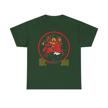 Forest green “Archangel Michael of the Apocalypse Iconographic” midweight cotton unisex tee, featuring a Revelation 12:7-9 inspired red horse and rider graphic with bold yellow text: “Death is Swallowed Up In Victory.” Double-sided design.