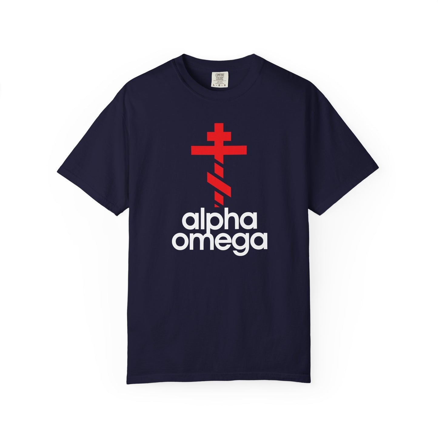 Certainly! Here’s a rewritten sentence using your product data: The Alpha & Omega Red Orthodox Cross Tee features a large, bold red cross and “Alpha Omega” text beneath it in white—an inspiring symbol of Christian life, prayer, and repentance—printed on a True Navy heavyweight cotton unisex shirt with a minimalist Adidas-inspired design.