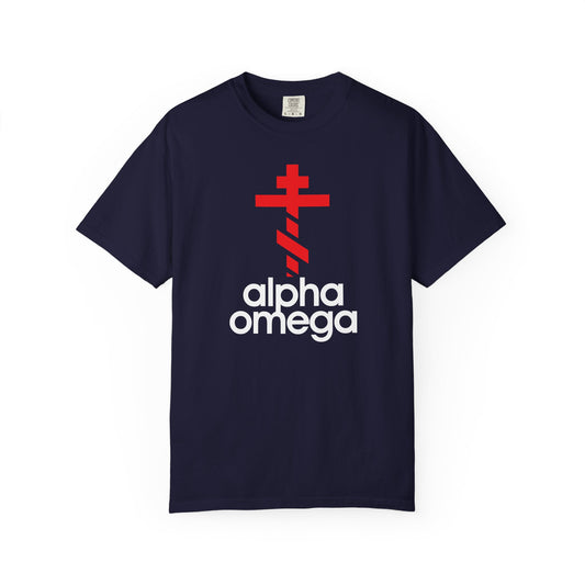 Certainly! Here’s a rewritten sentence using your product data: The Alpha & Omega Red Orthodox Cross Tee features a large, bold red cross and “Alpha Omega” text beneath it in white—an inspiring symbol of Christian life, prayer, and repentance—printed on a True Navy heavyweight cotton unisex shirt with a minimalist Adidas-inspired design.