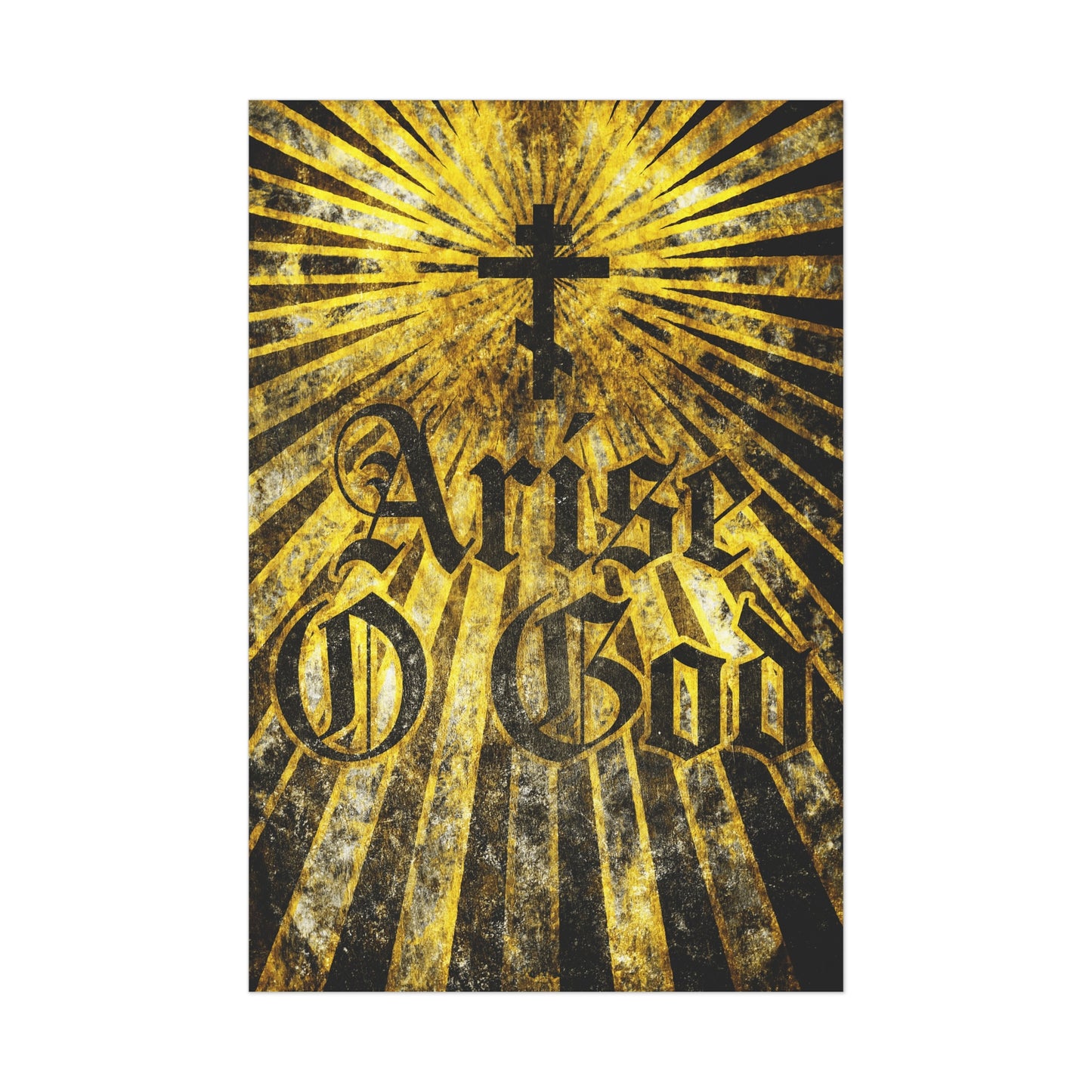A poster titled "Arise O God | Psalm 81 (82 LXX)" featuring a textured Gothic font, an Orthodox cross with golden rays, and Divine Council imagery—Orthodox Christian art referencing Psalm 82 and the council of gods.
