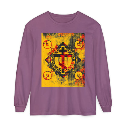 IC XC NIKA Orthodox Cross | Yellow & Red Modern & Medieval Textured Floral Design | Orthodox Christian Long Sleeve Shirt