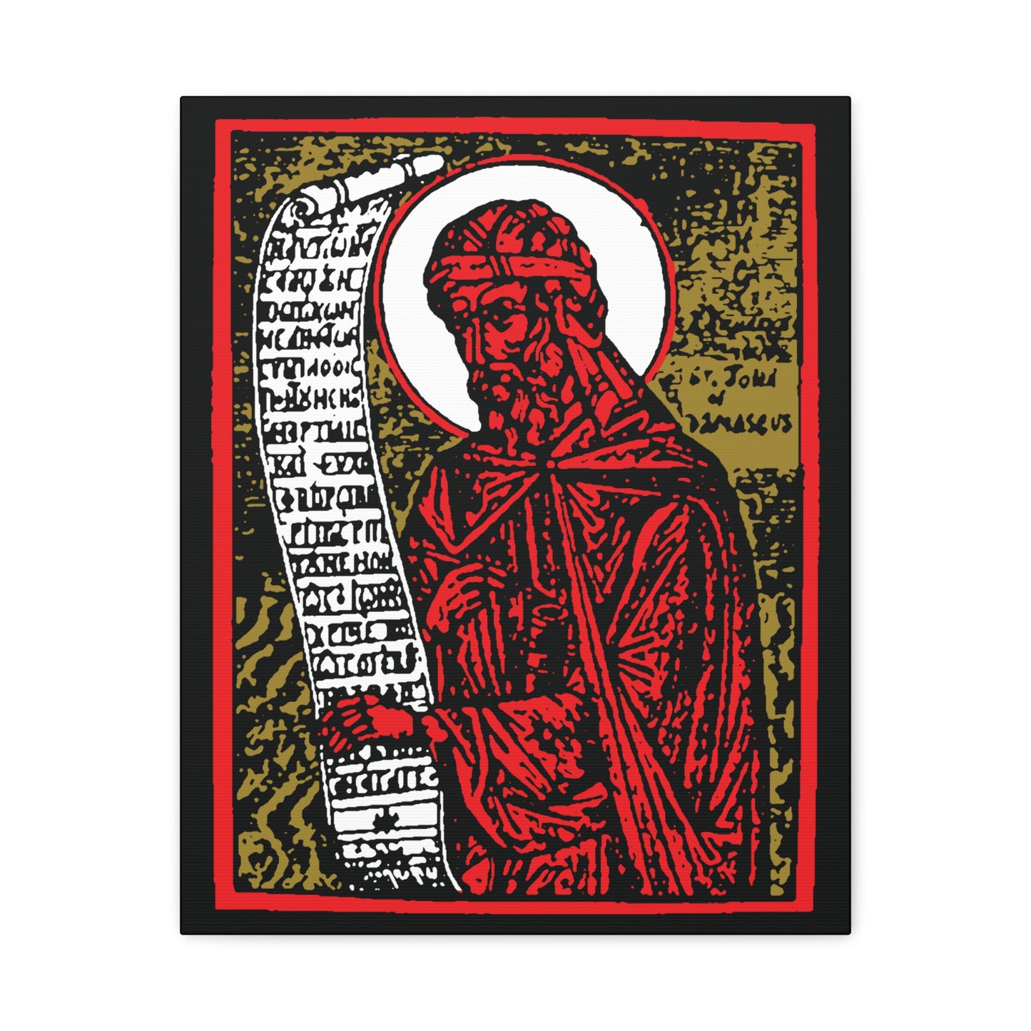 The St. John of Damascus Icono-Graphic is a red, gold, and black high-contrast Christian canvas art depicting the Orthodox saint holding a scroll, reflecting his legacy as a hymn composer.